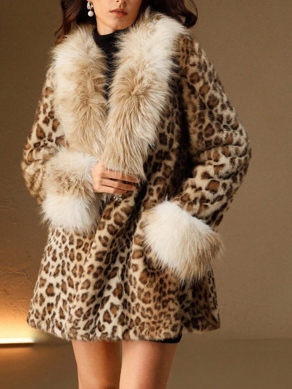 Brown Casual Women's Leopard Pattern Fluffy Fuzzy Coat - Picture 5 of 8